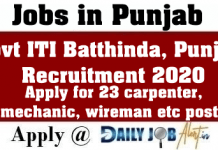 Govt ITI Bathinda Recruitment 2020 Apply 23 Instructor Carpenter, Mechanic etc posts www.dgt.gov.in Govt ITI Bathinda Recruitment 2020