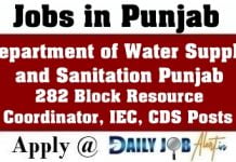 Department of Water Supply and Sanitation Punjab Recruiting 282 Block Resource Coordinator, IEC, CDS Posts www.pbdwss.gov.in PBDWSS Recruitment 2020
