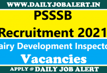 PSSSB Recruitment 2021 – Apply online for 25 Dairy Development Inspector Posts PSSSB Recruitment