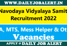 NVS Recruitment 2022 – Apply Online for 1925 JSA, MTS, Mess Helper & Other Posts NVS Recruitment 2022